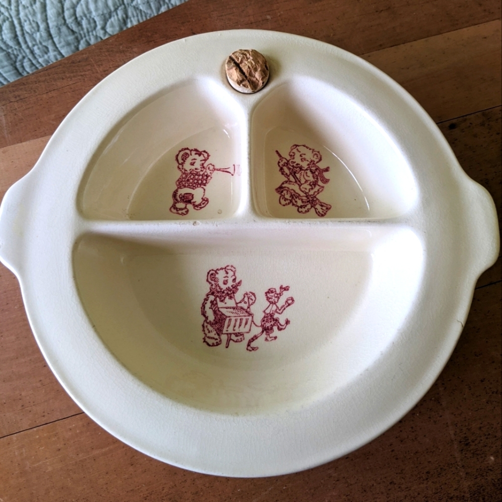 Vintage Excello Child's Warming Porcelain Plate Bowl Divided Maroon Pink Bears